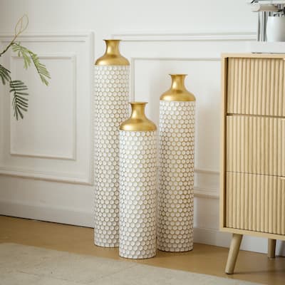 Floor metal vase modern style decoration home droplet shaped white metal vase 3-piece set gorgeous large glazed metal vase