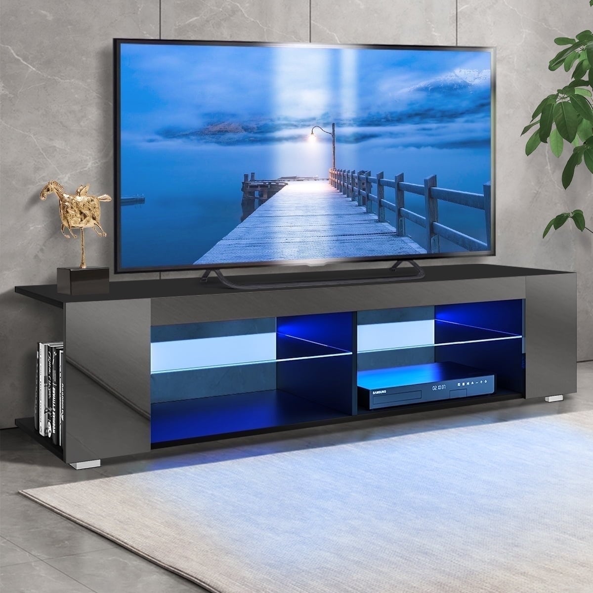 65-inch LED Media TV Stand with Glass Shelves, Bluetooth RGB Lighting, and Bookshelf Storage Cabinet