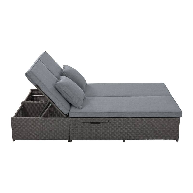 Outdoor Patio Rattan Double Daybed Sunbed with Adjustable Backrest and Seat