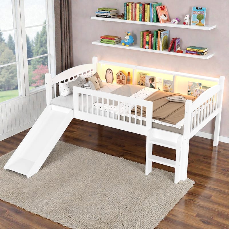 Twin XL/Twin Wood Loft Bed with Storage Shelves, LED Lights, Full-Length Guardrails & Solid Wood Frame, No Box Spring Needed