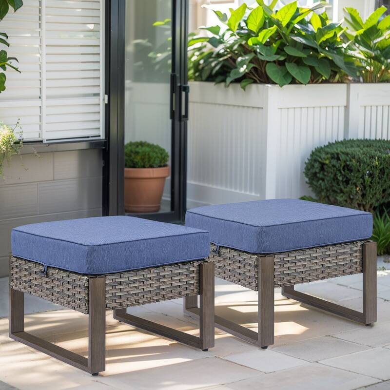 Gymojoy 2 Wicker Ottomans w/Removable Cushions - Grey Wicker - Blue Cusion