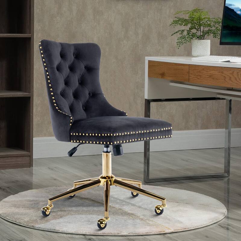 Elegant Luxurious Velvet Upholstered Office Chair with Wooden Frame and Gold Metal Base
