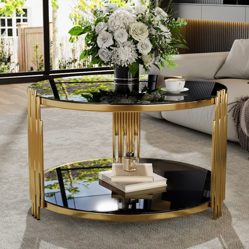 Modern Black Mirror Coffee Table Living Room Center Table with Circular Drum Base, Tempered Mirror Top & Lower Storage Shelf