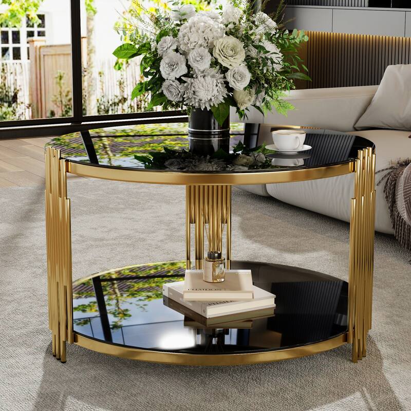 Modern Mirror Coffee Table, Asymmetrical Metal, Circular Metal Drum Base, Gold Finish & Lower Shelf