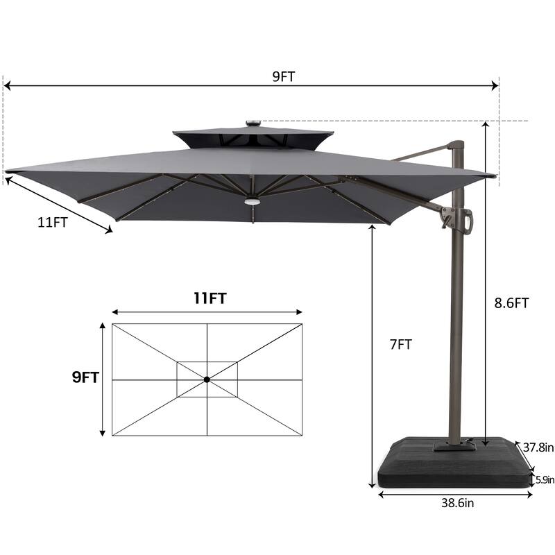 9 X 11 FT Outdoor Patio Cantilever Umbrella with Solar Lights 4-Piece Premium Base Double Canopy 360 Rotation Tilt