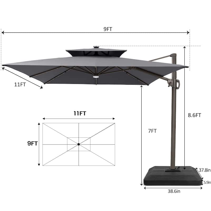 Pellebant 9x11FT Outdoor Dual Top Cantilever Patio Umbrella LED Light with Premium Base Stand