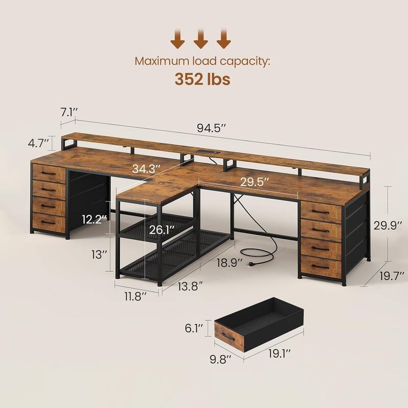 94.5" Two Person Desk with 8 Fabric Drawers Gaming Desk LED Lights