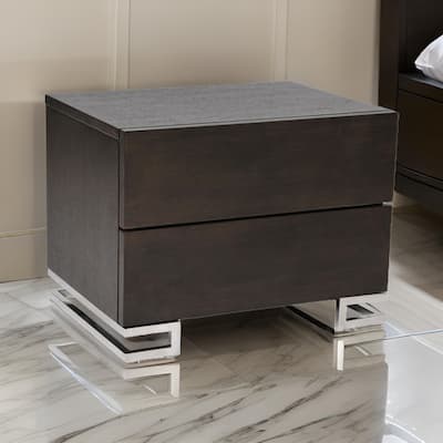 Sam 20 Inch Nightstand, 2 Drawers, Espresso Brown, High Polished Metal Legs