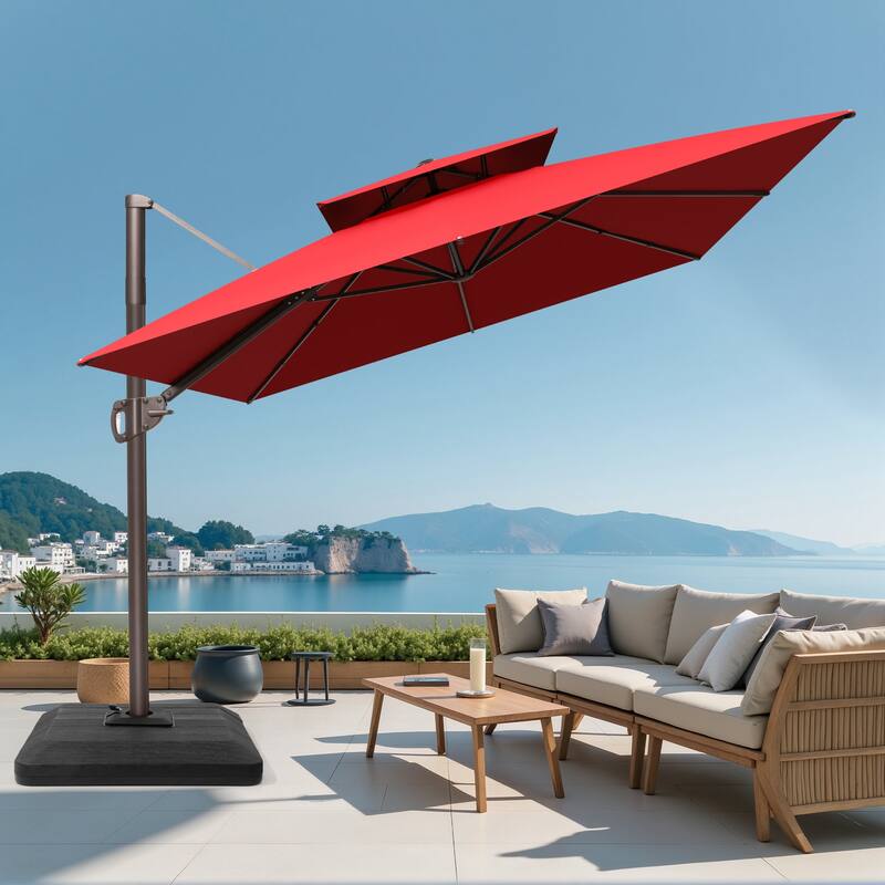 9x12 FT Rectangular Outdoor Patio Double Top Cantilever Offset Umbrella with Weight Base
