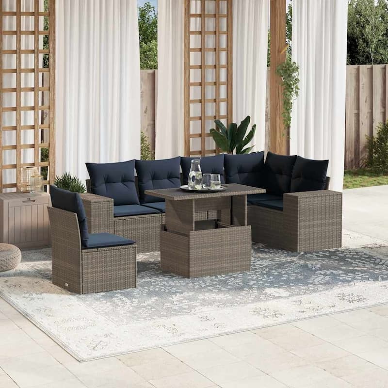vidaXL Patio Sofa Set with Cushions Table and Couches 7 Piece Poly Rattan - 24.4" x 24.4" x 27.2" - Gray
