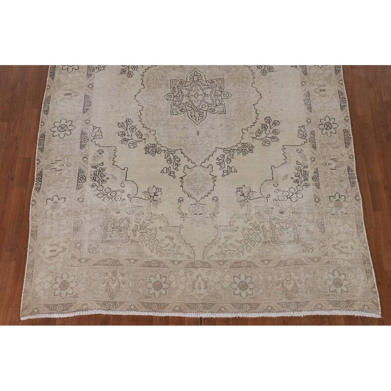 Geometric Distressed Tabriz Persian Vintage Rug Handmade Wool Carpet - 6'4"x 9'2"