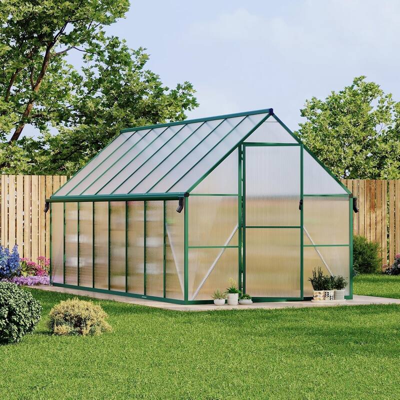8x16 Ft Walk-In Polycarbonate Greenhouse With Ventilation And Rain Gutters,Green - 8*16FT - 8*16FT