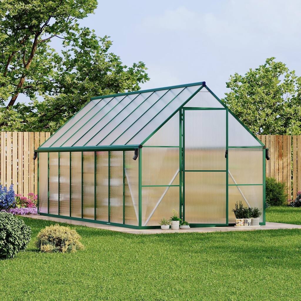 8x16 Ft Walk-In Polycarbonate Greenhouse With Ventilation And Rain Gutters,Green - 8*16FT
