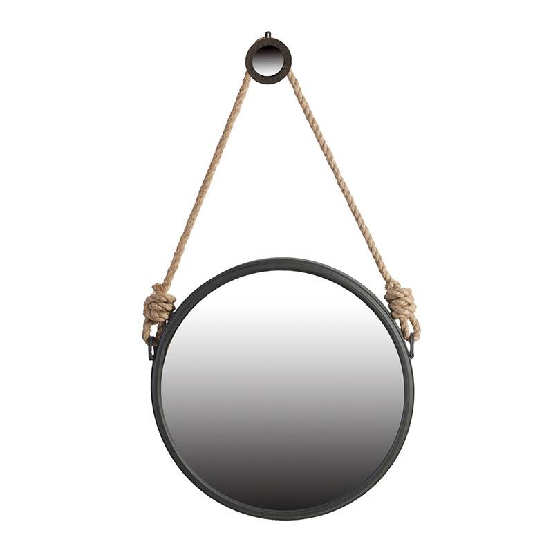 Contemporary Industrial Circle Wall Decor Mirror with Rope Strap - Black + Silver - 19.5"