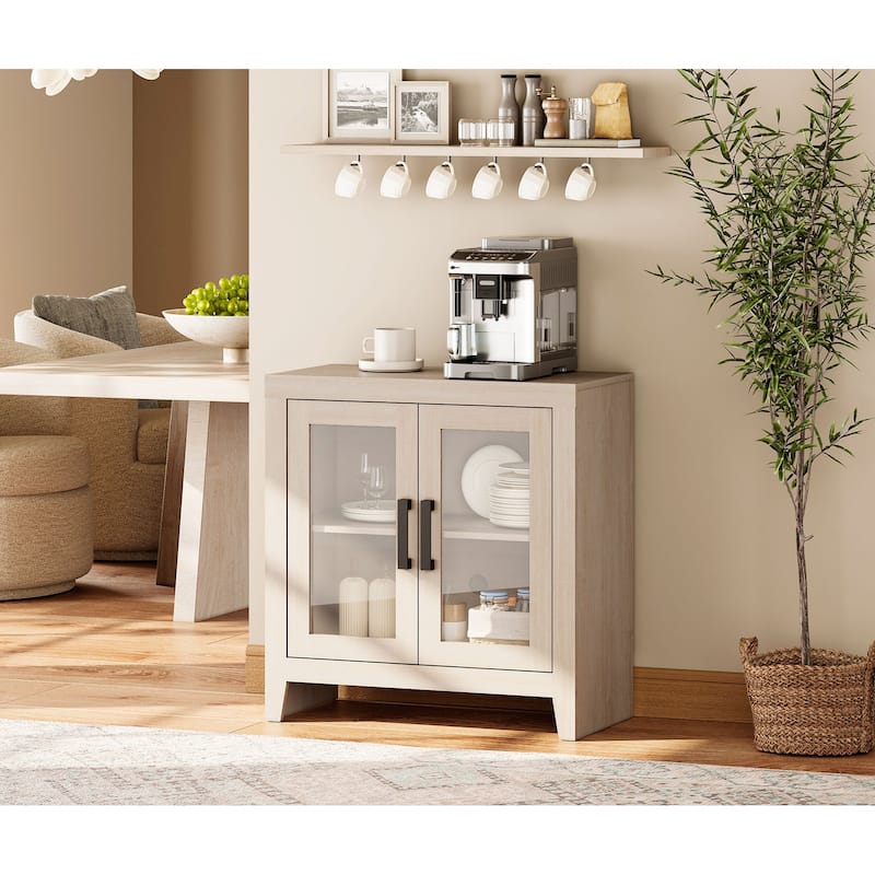 WAMPAT Modern Farmhouse TV Stand, Entertainment Center with Tempered Glass Doors & Adjustable Shelves