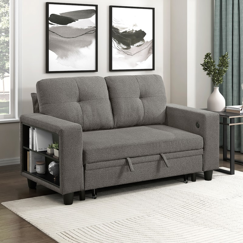 Hazel 56.5" Boucle 2-Seater Loveseat - Pull-out Bed, Shelves, USB Port