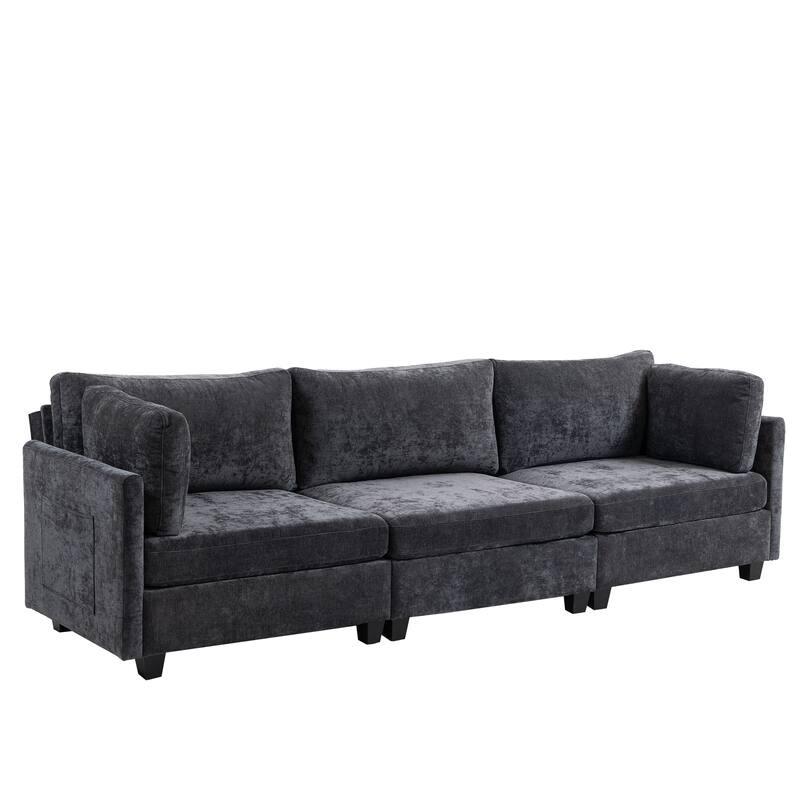 Chenille Upholstered 3 Seater Sofa, Cloud Sofa with 2 Pillows, Deep Seat Sofa with Storage Pocket for Living Room, Apartment