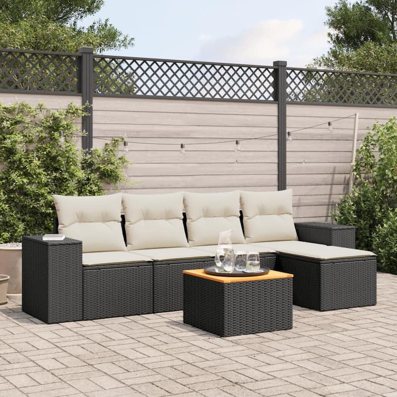 vidaXL Patio Sofa Set with Cushions Outdoor Furniture 6 Piece Poly Rattan - Black and cream Large