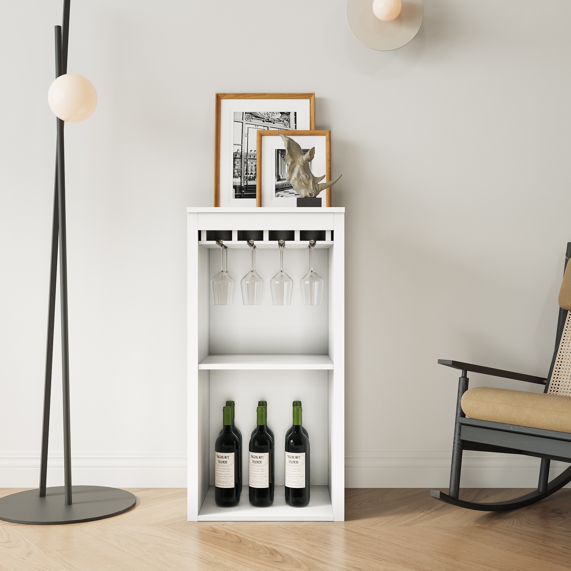 Roomfitters White Wine Bar Cabinet, Modular Storage Cabinet with Shelves and Glass Rack for Dining Room or Living Space