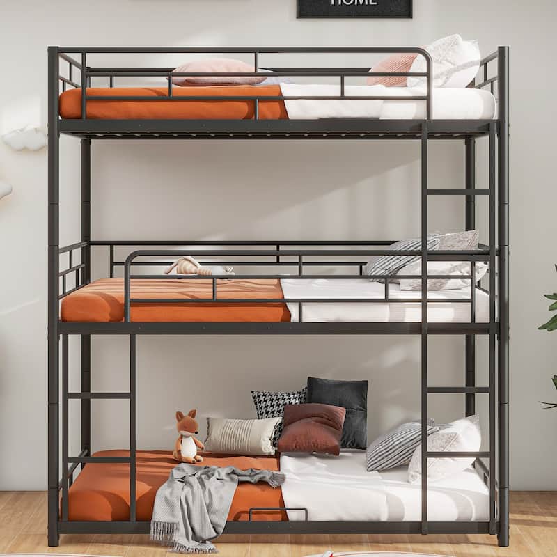 Metal Triple Bunk Bed for 3 Kids, Convertible into Platform Bedframe