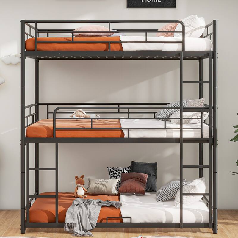 Triple Bunk Bed Metal Structure Bedframe Sturdy Steel Slat Support Easy Assembly for Dorm Multi-Child Families