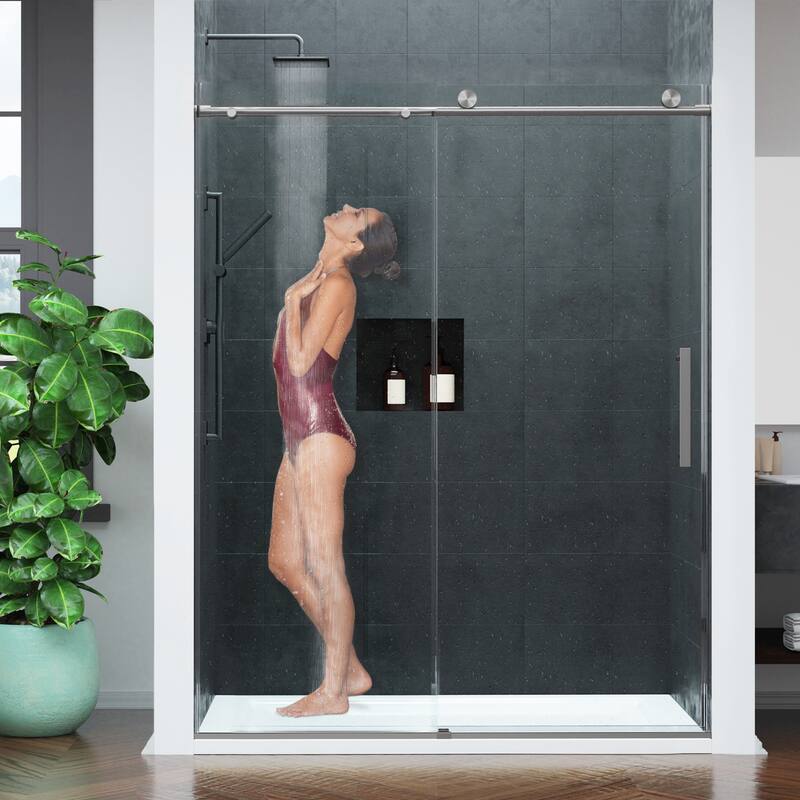 Mountain 60-inch Reversible Frameless Sliding Deco-Glass Shower Door with Soft-Close System