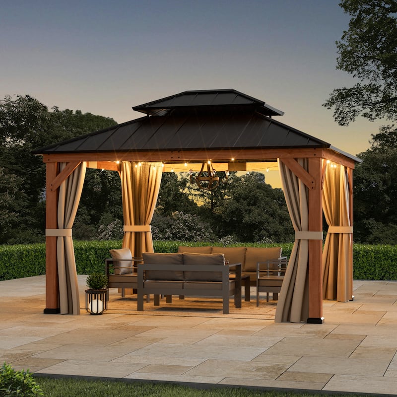 Wood Gazebo 10' x 12', Cedar Framed Grill Gazebo with Double Galvanized Steel Roof, Mosquito Netting and Curtains