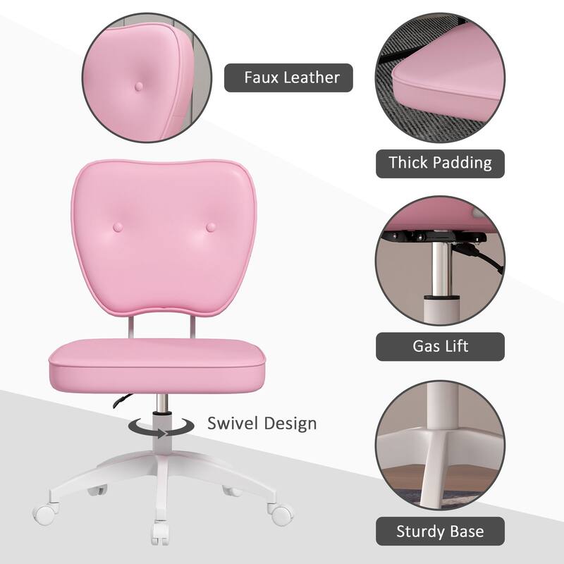 Cute Armless Office Chair, Leather Computer Desk Chair with Wheels, Vanity Task Chair with Adjustable Height