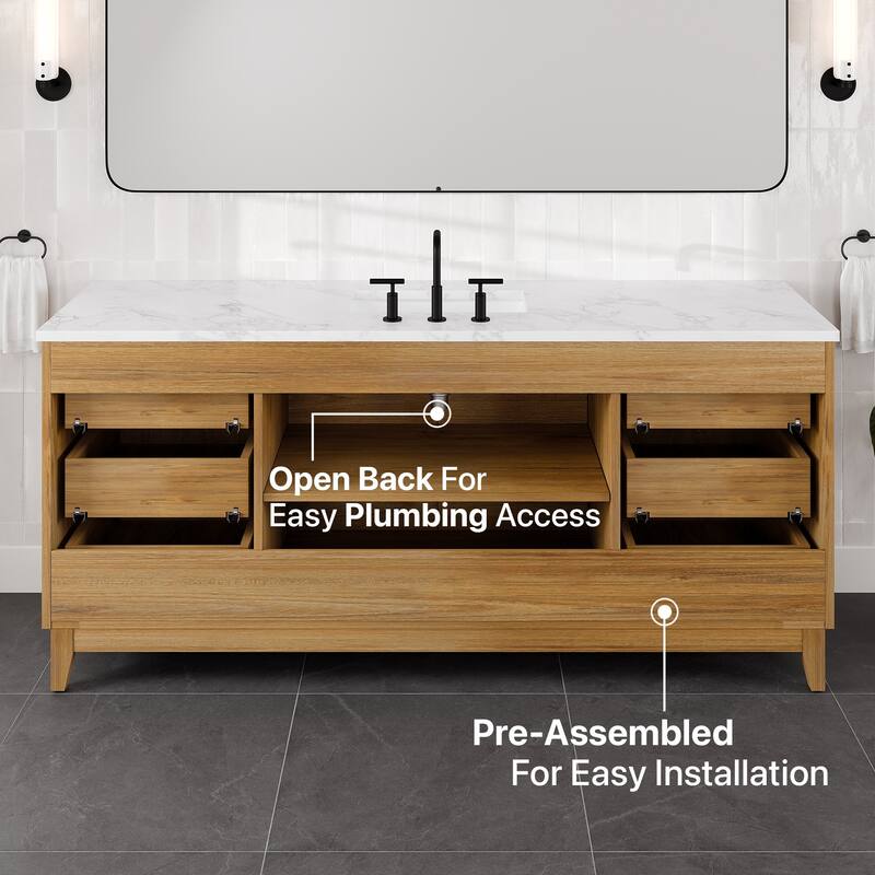 Graham 60"W Oak SS Bath Vanity with WH Arabescato Engineered Stone Top