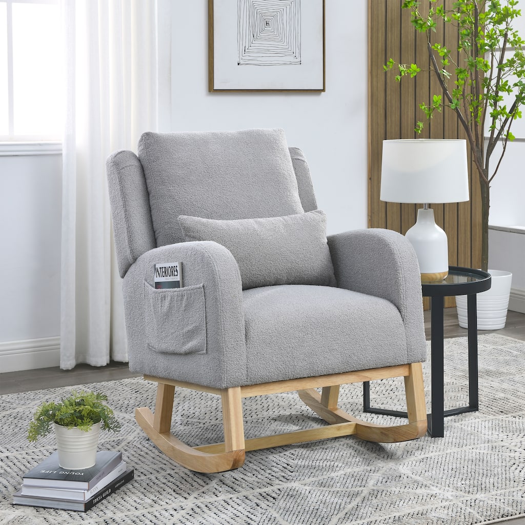 Anmytek 27.5 Inch Modern Teddy Fleece High Back Rocking Chair with Lumbar Pillow and Side Pockets