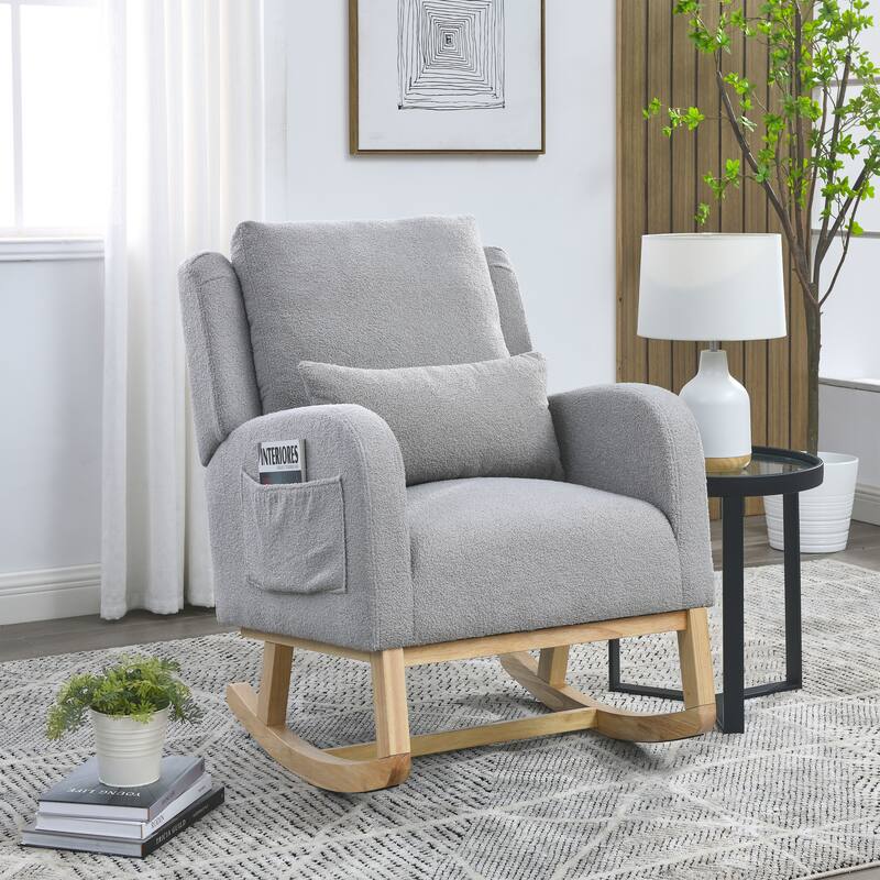 Anmytek 27.5 Inch Modern Teddy Fleece High Back Rocking Chair with Lumbar Pillow and Side Pockets - Grey