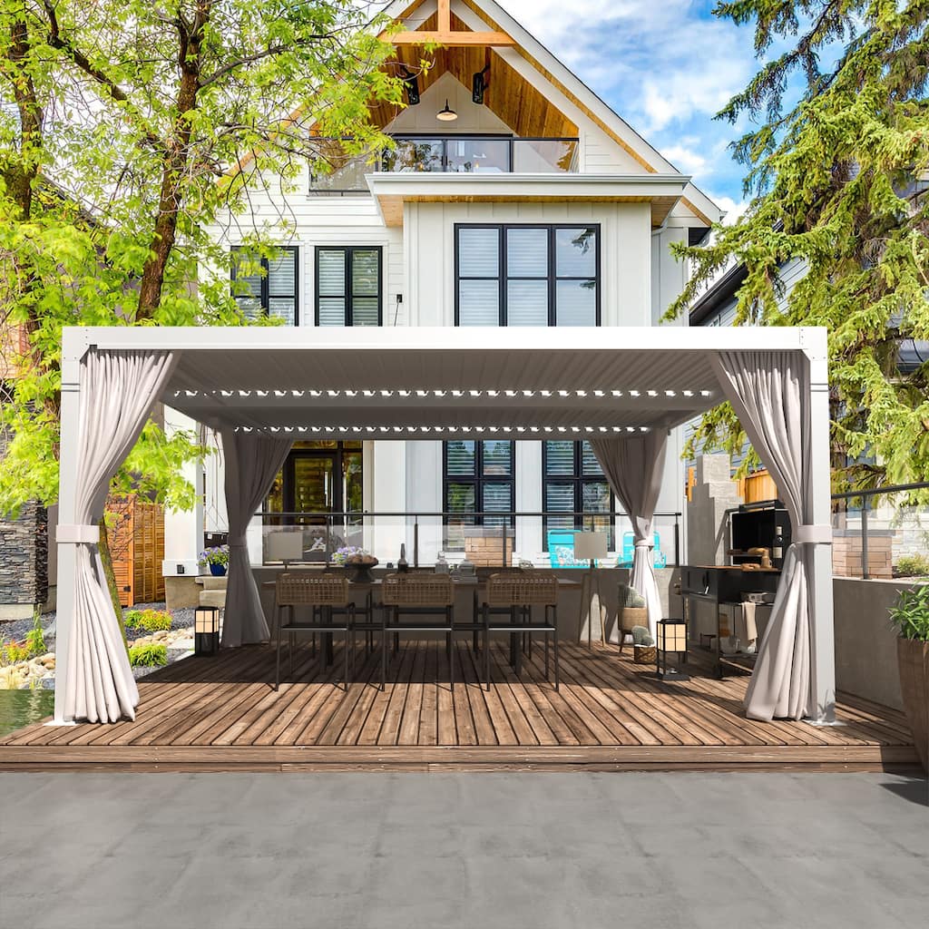 EROMMY 10x12 Adjustable Metal Roof Pergola with Curtains and Netting, Outdoor Hardtop Gazebo for Patio Use