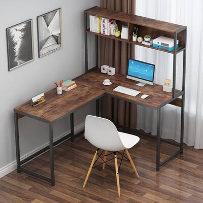 55 Inch PC Table Workstation Wooden L shaped Corner Computer Desk PC Study Desk With Shelf