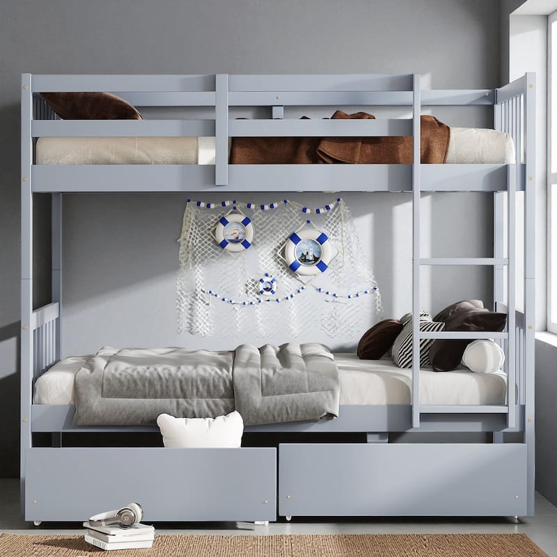 Twin Over Twin Rubber Wood Bunk Bed with 2 Drawers, Convertible into 2 Twin Beds, Ladder and Safety Guardrails