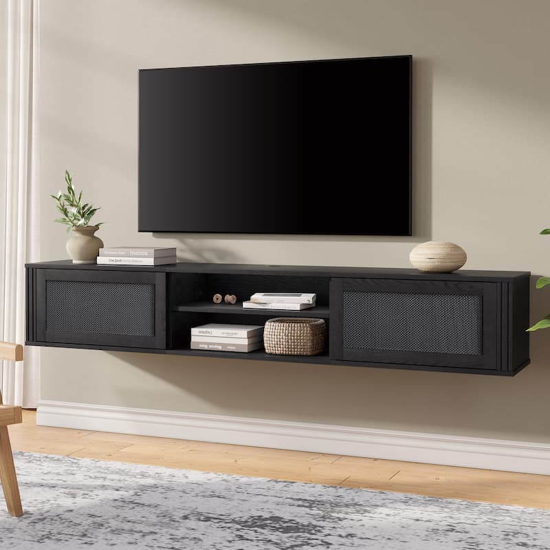 WAMPAT Floating TV Stand Shelf with Power Outlet and 2 Rattan Doors - 2 Tier - Black