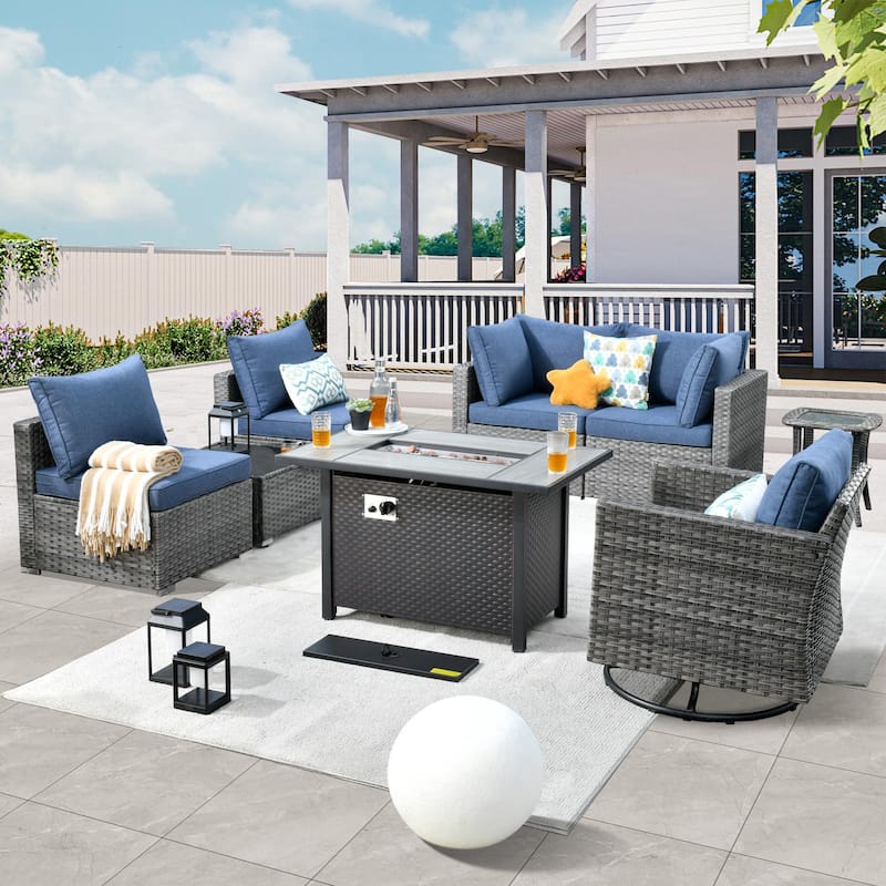HOOOWOOO 8-piece Wicker Patio Furniture Sectional Set with Fire Pit Table