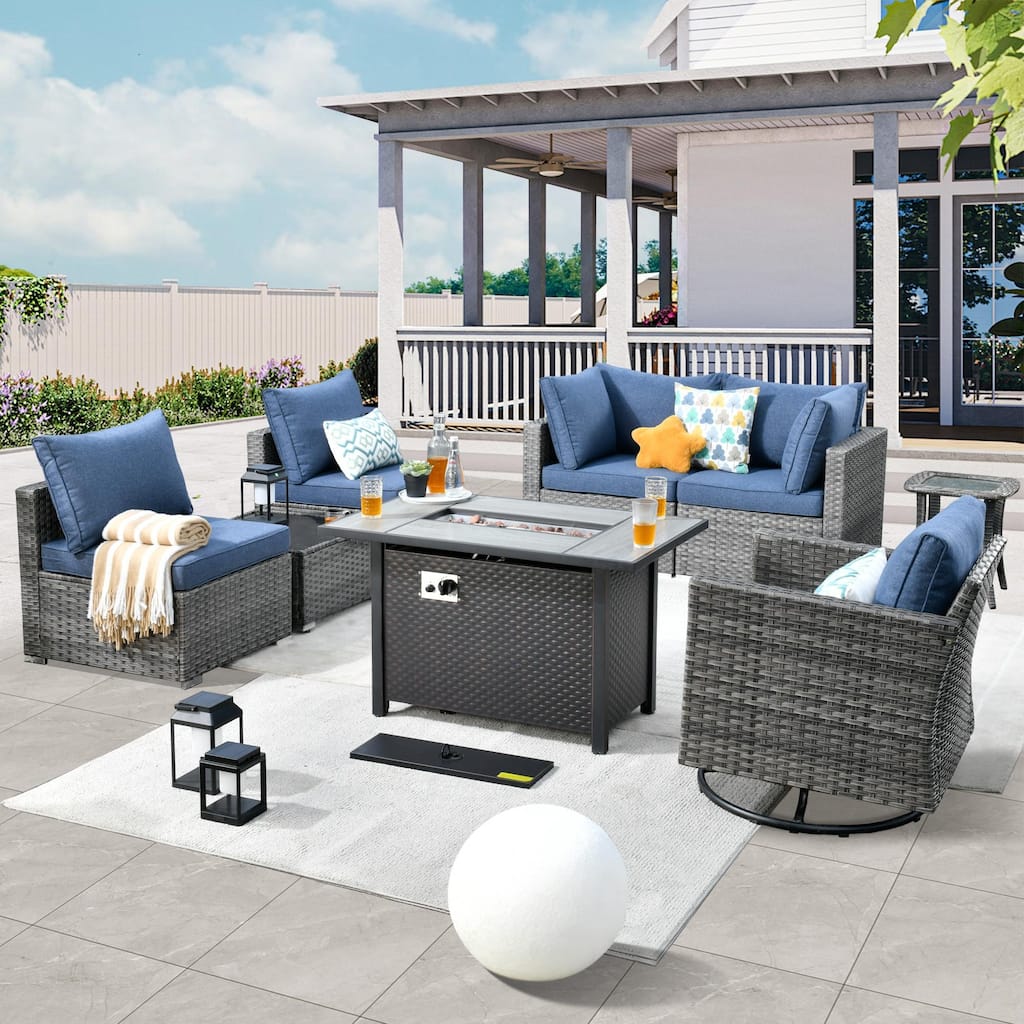 HOOOWOOO 8-piece Wicker Patio Furniture Sectional Set with Fire Pit Table