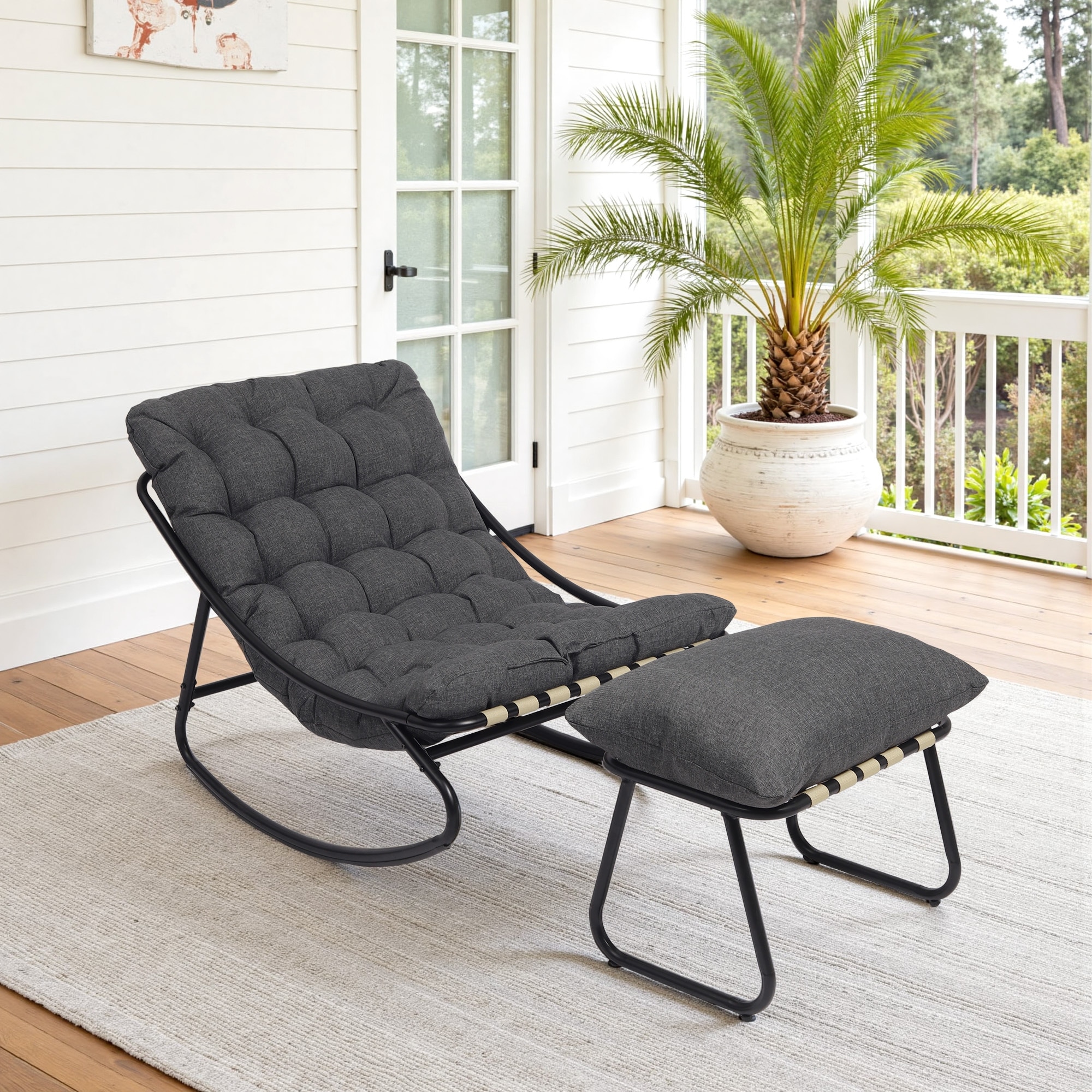 Outdoor Patio Rocking Chair Lounge with Ottoman Set for Backyard Porch