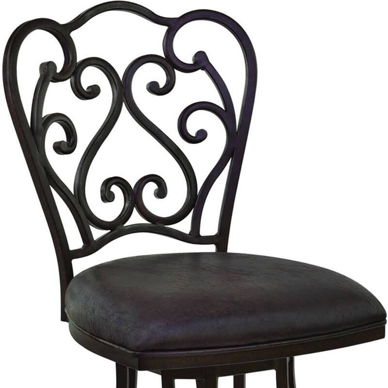 Espresso Fabric Swivel Bar Chair with Scroll Back Design, Iron Frame and Footrest - 19” x 22” x 48” (D x W x H)