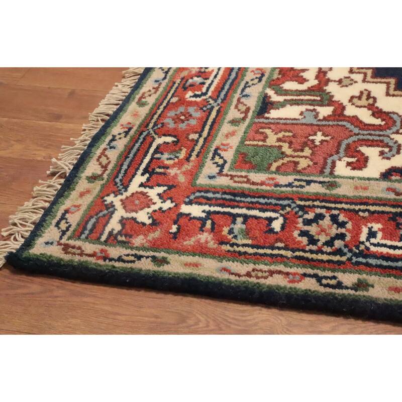 Hand Knotted Oriental 100% Wool Carpet Traditional Medallion Navy Blue & Blues Heriz (serapi) Area Rug - 5' 0'' X 3' 0''