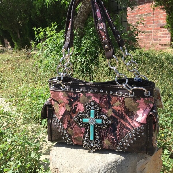 pink camo purse with cross