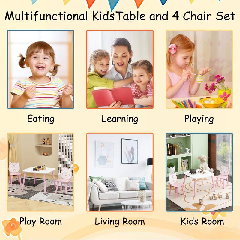 Anmytek Toddler 3-Piece Wooden Table and Chair Set Kids Activity Desk with Animal Backrest for Playroom Nursery