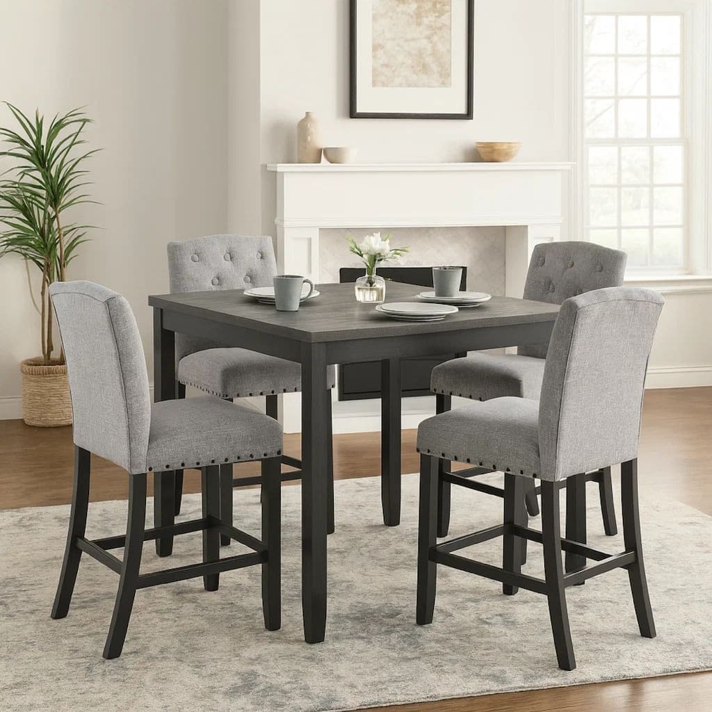 Phy 5pc Counter Table and Chairs Set, Nailheads, Tufted Gray Fabric, Black