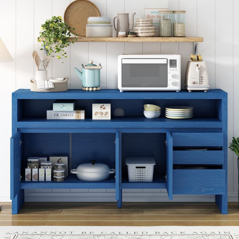 Roomfitters 60" Modern Solid Wood Veneer Sideboard with 3 Doors & 3 Drawers, Open Shelf & Cable Cutout, Large Storage Cabinet