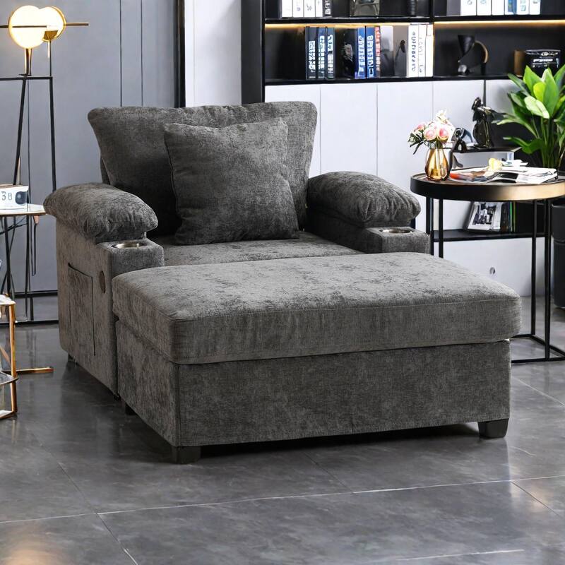 Chenille Oversized Accent Chair with Ottoman, USB Charging Ports and Convertible Sofa Bed Design - DARK GREY