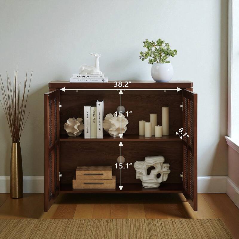 39.4" Mid-Century Modern Rattan Sideboard Buffet Cabinet with Outlet Holes, Retro Credenza Storage
