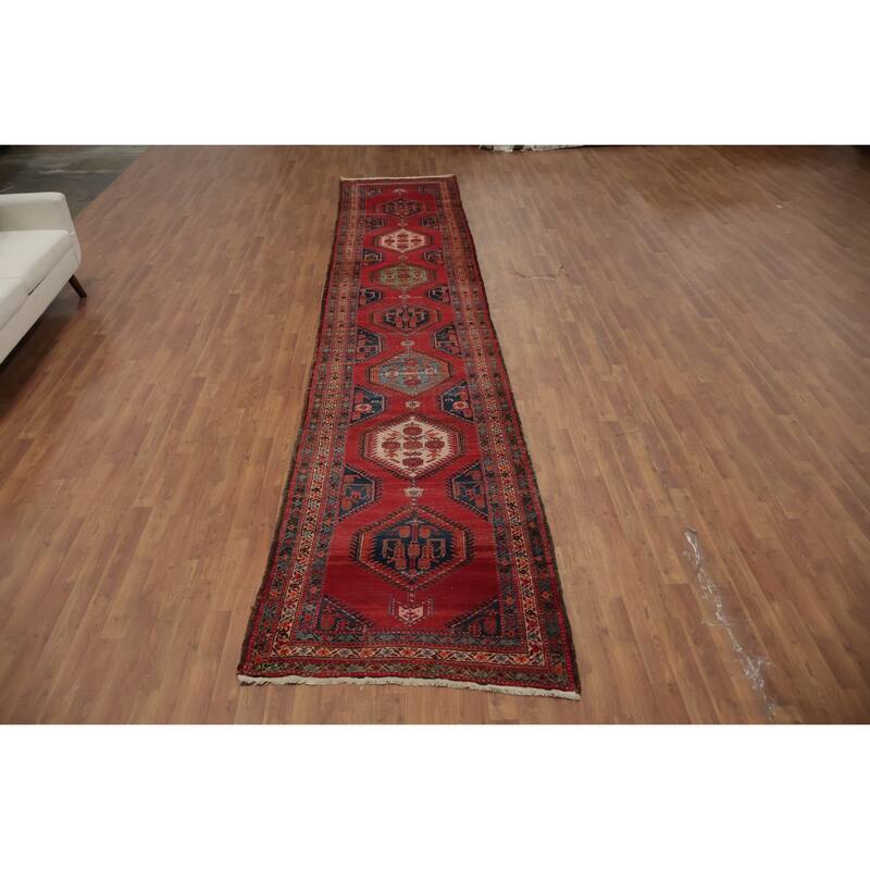 Hand Knotted Oriental 100% Wool Carpet Traditional Geometric Red Heriz Runner Rug - 17' 1'' X 3' 3''