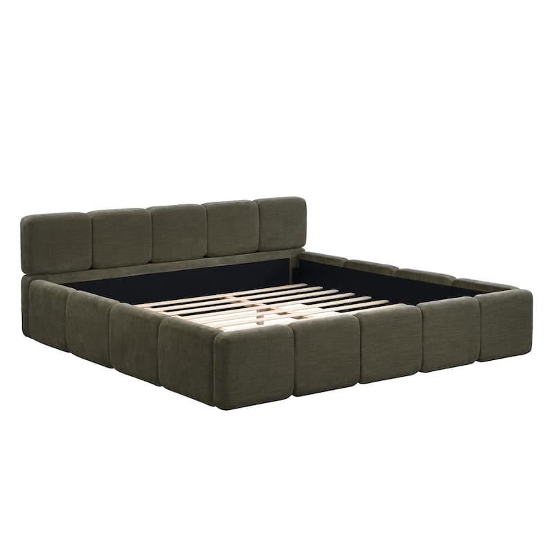 Embedded Platform Bed with Square Plush Upholstery Headboard White