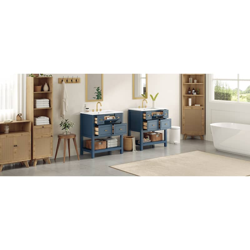 60'' Bathroom Vanity With Ceramic Sink Combo, Free Standing Single Vanity Set With 5 Drawers,Solid Wood FrameStorage Cabinet