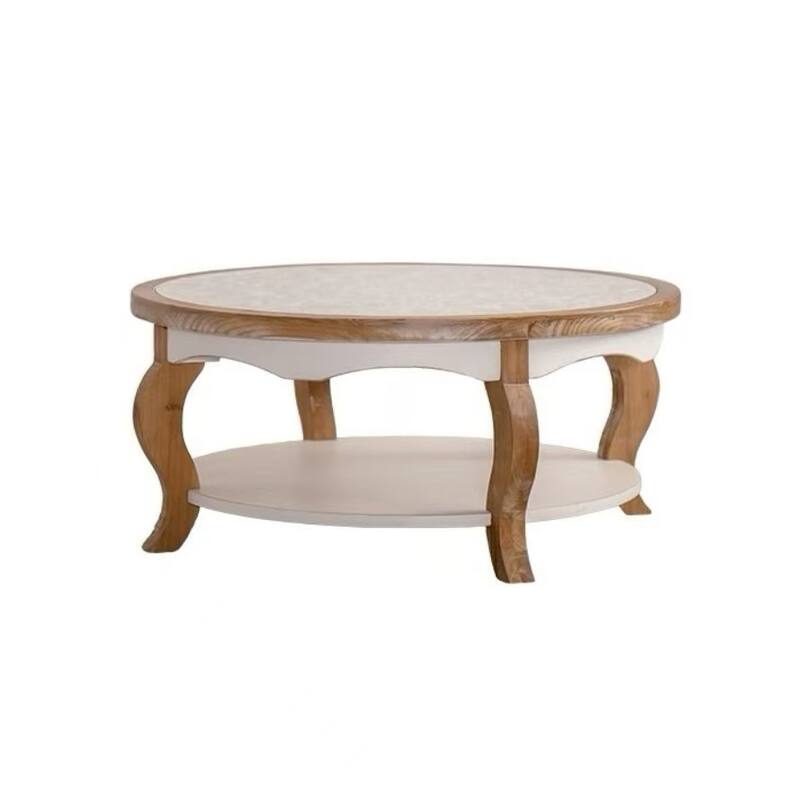 GDFStudio - Farmhouse Round Coffee Table with Tempered Glass Top and 2-Tier Open Storage